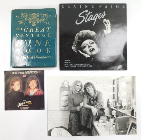 A Robertson signed 45rpm single of Time., Elaine Page signed album of Stages., a black and white photograph signed by Peter Noone., and a Wine book signed by Peter & Mireille Noone, with cartoon doodles. (4)