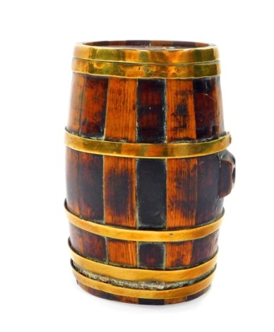 A 19thC banded oak spirit barrel, brass bound, 14cm high.