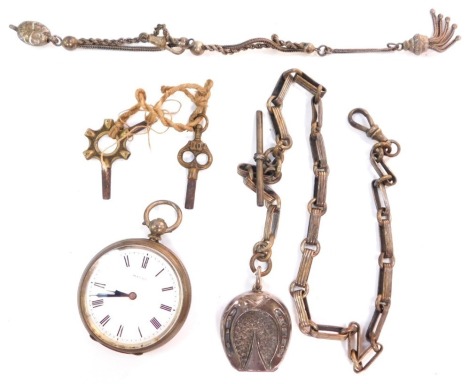 A Baume silver cased pocket watch, open faced, key wind, circular enamel dial bearing Roman numerals, the case with foliate engraving, shield reserve, No 136728, with keys, together with an oval link Albert chain and silver horseshoe locket, and further f