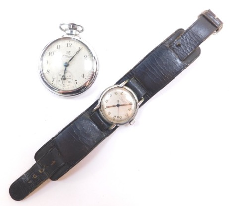 A Ceres mid century gentleman's hermetic protected wristwatch, circular silvered dial bearing Arabic numerals, centre seconds, on a leather strap, together with an Ingersol Triumph pocket watch, open faced, keyless wind, dial bearing Arabic numerals, subs