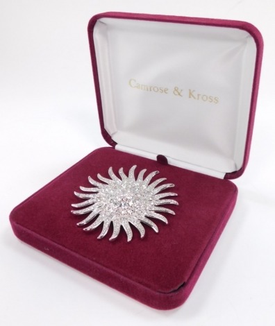 A Camrose & Kross paste sunburst brooch, being a copy of a jewel worn by Jacqueline Bouvier Kennedy, First Lady of the United States of America, on occasion of the Official State Dinner for Minister of State Andre Malraux of France, May 11, 1962, boxed wi