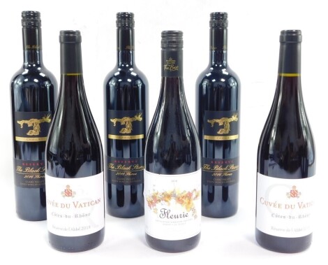 Three bottles of Casella Reserve The Black Stump Shiraz 2016, two bottles of Cuvee Du Vatican Cote de Rhone 2018, and a bottle of Fleurie 2018. (6)