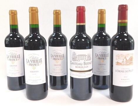 Four bottles of Chateau Vieille France Graves 2016, a bottle of Chateau L'Orme di Pilon Bordeaux 2016, and a bottle of Chateau Bernot Bordeaux 2016. (6)