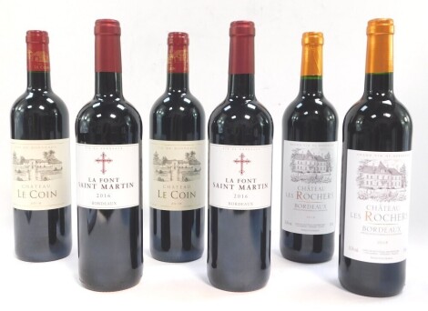 Two bottles of La Font St Martin Bordeaux 2016, two bottles of Chateau Les Rochers Bordeaux 2018, and two bottles of Chateau Le Coin Van de Bordeaux 2018. (6)