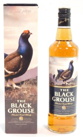 A bottle of The Black Grouse Blended Scotch Whisky, boxed.