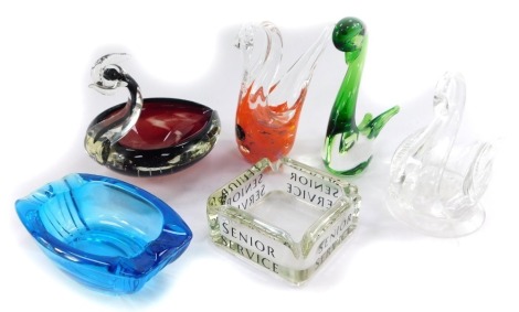 Glass ware, to include a Senior Service advertising ashtray, another, and four various glass birds. (6)