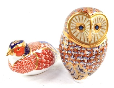 A Royal Crown Derby porcelain Imari owl paperweight, together with a further paperweight modelled as a pheasant. (2)