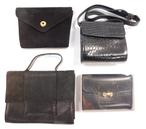 Four vintage handbags, to include a Jaeger black leather shoulder bag, 15cm high, 15cm wide, 9cm deep, a Nina Ricci black leather evening bag with chain handle, boxed, a black suede handbag, etc., (4).