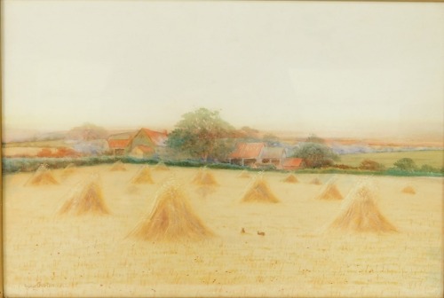 George Oyston (British, 1860-1937). Farm landscape with haystacks, watercolour, signed, dated 1914, 35.5cm high, 52cm wide.