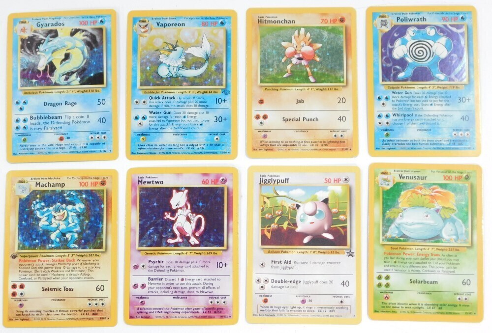 Pokemon Cards, comprising Poliwrath., Hitmonchan., Gyarados and Vaporeon., Machamp First Edition Base Set., Mewtwo., Jigglypuff, Promo Pokemon Cards, comprising Poliwrath., Hitmonchan., Gyarados and Vaporeon., Machamp First Edition Base Set., Mewtwo., Jigglypuff, Promo