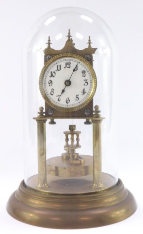 A Continental brass 400 day anniversary clock, circular enamel dial bearing Arabic numerals, single barrel movement, raised on twin columns and a circular base with glass dome, 30cm high.