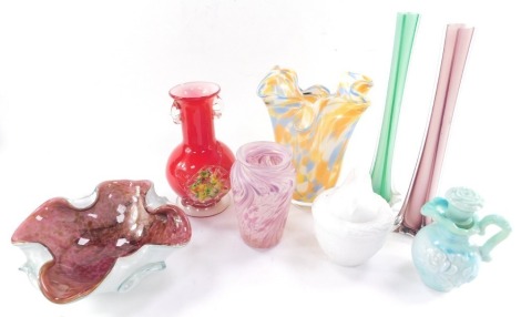 Glass ware, to include two mottled vases, two tall bud vases, Venetian bowl, etc. (8)