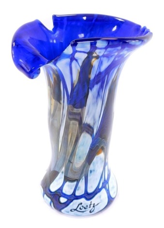 A Loetz style iridescent abstract vase, with a blue sleeve interior with blue drip and oil textured exterior, 18cm high.