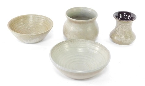 A Spalding studio pottery vase, a similar bowl, and two items of similar studio pottery, unmarked. (4)