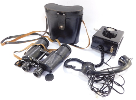 A wall mounting telephone with bells, and a cased pair of Russian Ewoe 7x50 binoculars. (2)