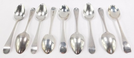 A set of six Georgian coffee spoons, initial engraved, together with three George V silver coffee spoons, Sheffield 1922, 3.44oz.