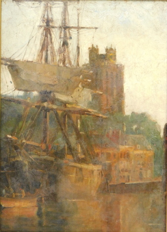 Continental School (19thC). Riverscape with church, houses and a three masted sailing ship, oil on canvas, 31cm high, 22.5cm wide.