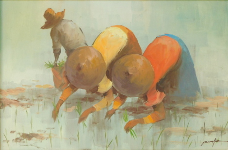 Asian School (20thC). Figures working in the rice fields, oil on canvas, signed indistinctly, 60cm high, 90.5cm wide.