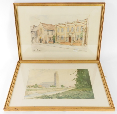 James North (British, 20thC). The Guild Hall and Fydalle House Boston; St Botolphs Church, a pair of watercolours, signed, 26cm high, 38.5cm wide. (2)