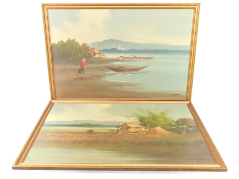 Asian School (late 20thC). Homestead by a river; Fisherman and boats by a lake, a pair of oils on canvas, signed indistinctly, 60cm high, 90cm wide. (2)