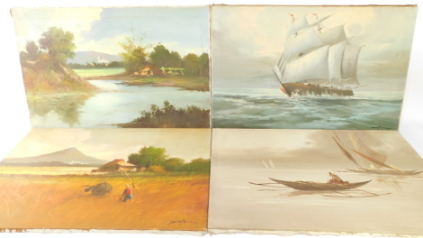 Asian School (late 20thC). A sailing ship; Landscape with farmer; Fisherman and boats; River landscape, oils on canvas, signed indistinctly, 61cm high, 92cm wide. (4)