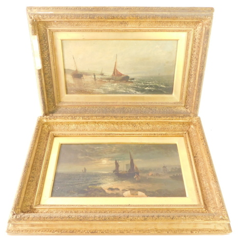 J Mulinu (Continental, 19thC). Coastal seascape with fishing boats, at night and day, a pair of oils on canvas, signed, 19.5cm high, 39.5cm wide.