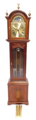 A grandmother clock, the arch dial with moon phase, star signs, etc., in a boxwood strung case with brass finials, 203cm high.