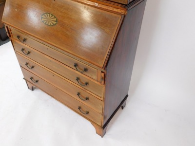 An Edwardian mahogany and satinwood banded bureau bookcase, the break arch pediment over a pair of glazed doors enclosing three shelves, above a fall flap with paterae inlay opening to reveal two drawers and eight recesses, over four long graduated drawer - 2