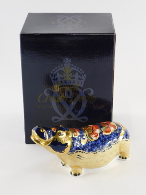 A Royal Crown Derby porcelain paperweight of a hippopotamus, exclusive gold edition number 916 of 2500, with gold coloured stopper. - 8