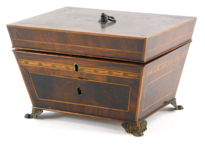 An early 19thC mahogany and parquetry jewellery box, of sarcophagus form, the hinged top with a crossbanded border, enclosing a mirror to centre and a painted interior, the base with a drawer on cast feet, 14cm high, 20.5cm wide. - 3