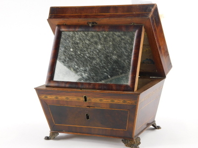 An early 19thC mahogany and parquetry jewellery box, of sarcophagus form, the hinged top with a crossbanded border, enclosing a mirror to centre and a painted interior, the base with a drawer on cast feet, 14cm high, 20.5cm wide. - 4