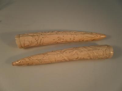 Two late 19th early 20thC carved ivory tusks embellished with frogs