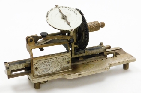 A rare late 19thC Columbia No.2 single lever typewriter, with white indicator dial and bearing plaque with registered trade dates for each place Eng Nov 8 1884, Fr March 3 1885, and others, 19cm high, 29cm wide, 12cm deep.