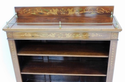 An Edwardian walnut open bookcase, with marquetry inlay of dragons, scrolls and flowers, with a top brass gallery, above three shelves on ogee bracket feet, 113cm high, 106cm wide, 33cm deep. - 2