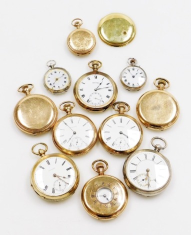 A collection of eleven pocket watches, to include seven gold plated examples by Elgin, Dennison, Waltham and Vertex, and four silver examples, to include a Waltham silver pocket watch with white enamel dial, Roman numerals, key wind, in a silver gilt case