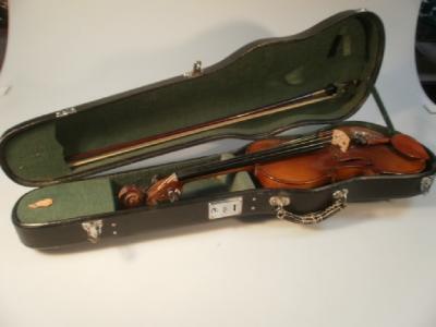 A student violin, labelled Skylark China, 37cm, cased with bow