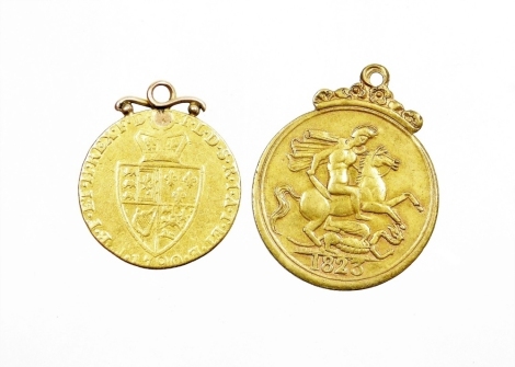 A George II gold spade Guinea, with pendant mount, 8.4g, and another George III copy example dated 1926. (2)