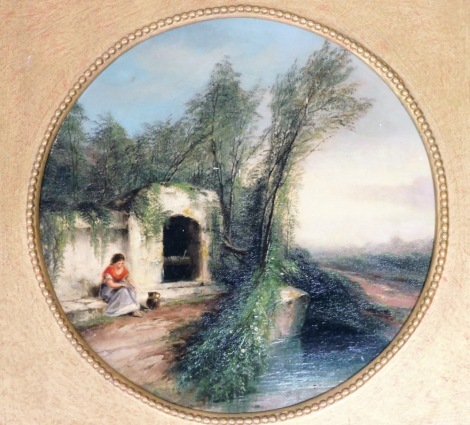 Sarah Louise Kilpack (1840-1909). A young woman with a water pitcher seated at a well, oil on circular canvas, signed (left hand side bottom below the margin of frame), 31cm diameter.