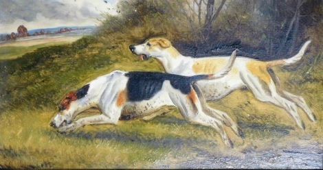 19thC English School. Two fox hounds on a scent, oil on artists board, 18cm x 29cm.