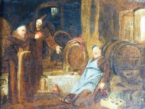 19thC English School. The Merry Monk, interior scene of monks in a cellar, oil on canvas, 18cm x 23cm.