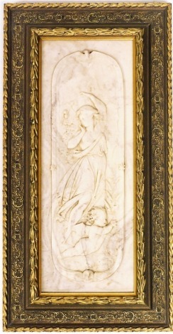 A marble rectangular plaque, depicting figure of lady in flowing dress, with cherub, with applied Arts and Commerce promoter medallion to reverse, in a gilt frame, 31.5cm x 10.5cm.