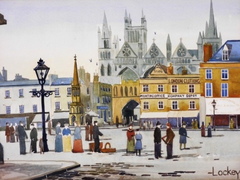 Geoffrey Lockey (20thC School). Market Square Peterborough with Peterborough Cathedral, watercolour, signed and titled The Market Place, 34cm x 49cm, framed and glazed.