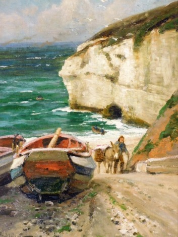 Arthur William Redgate (fl. 1860-1906). White Cliffs with fishing boats and figures, signed, oil on canvas laid to board, 44cm x 29cm, framed.