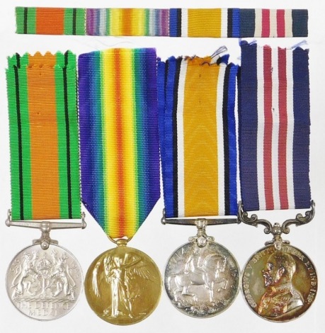 WWI and WWI group medals, comprising Military medal, British War medal (1914-20) and Victory medal inscribed to 41395 Sft C.H.Phillips Royal Berkshire Regt, all with replacement ribbons, WWII Defence medal, and tunic ribbons.