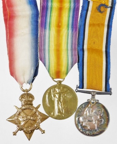 A World War I medal trio group, comprising 1914-15 Star, War Medal (1914-20) and Victory Medal, inscribed to 17094 Pte J. Henderson Cheshire Regt.