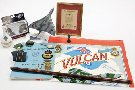 A group of aviation RAF items, to include a Corgi Vulcan XL 426, an Aviation Archives Avro Vulcan on stand, with spare parts, a Daily Telegraph Court Circular memorandum, framed, a further cased swagger stick, aviation glasses, RAF Royal Chelsea Wedgwood 