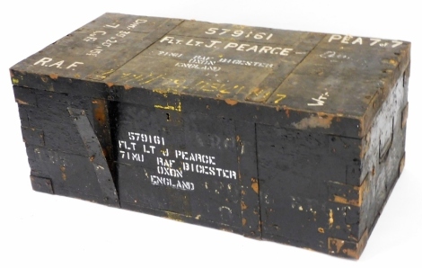 A RAF wooden travelling trunk, for Flight Lieutenant J Pearce number 579161, 39cm high, 100cm wide, 50cm deep.