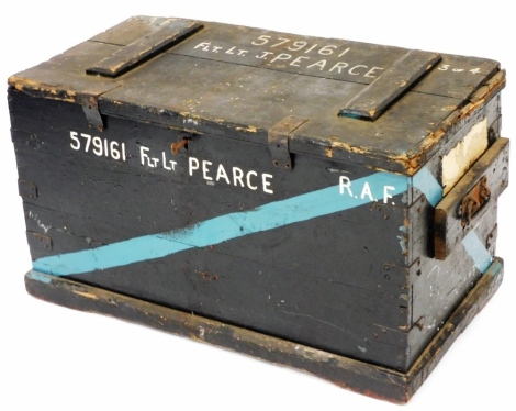 A wooden and metal bound trunk, for Flight Lieutenant J Pearce.