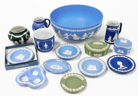 A group of Wedgwood Jasperware, to include a large blue Wedgwood Jasperware bowl, three pin dishes, a green trinket box, dark blue trinket dish and various others. (a quantity)