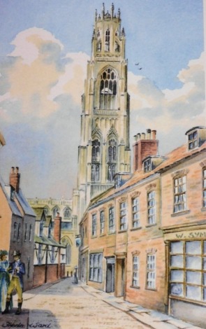 Freda Ward. St Botolphs Church from Wormgate at Boston, circa 1850, limited edition number 221 of 950, 49cm x 31cm.